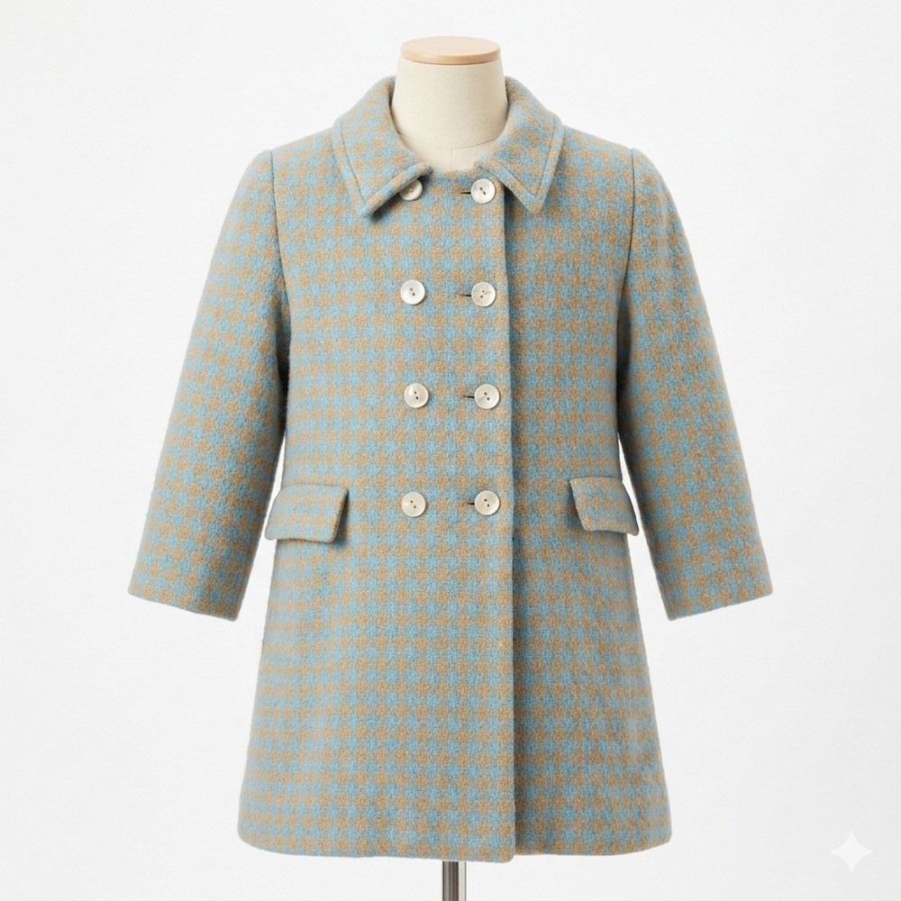 Charabia Paris Coat Girls 4‎ Blue Brown Houndstooth Wool Double Breasted French